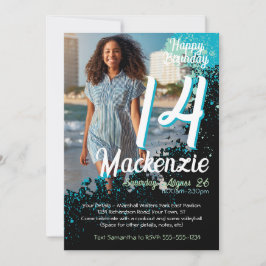 Blauwgroen Paint Splatter Foto 14e verjaardag Uitn Kaart