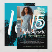 Blauwgroen Paint Splatter Foto 15e verjaardag Uitn Kaart (Voorkant / Achterkant)