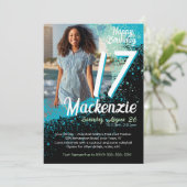 Blauwgroen Paint Splatter Foto 17e verjaardag Uitn Kaart (Staand voorkant)