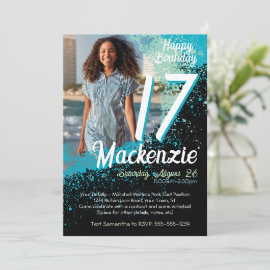 Blauwgroen Paint Splatter Foto 17e verjaardag Uitn Kaart (Staand voorkant)