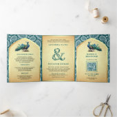 Blauwgroen Paisley Indiase Peacock QR Code Bruilof Drieluik Uitnodiging (Binnen)