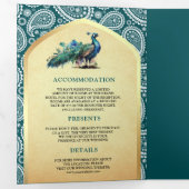 Blauwgroen Paisley Indiase Peacock QR Code Bruilof Drieluik Uitnodiging (Binnenzijde eerst)