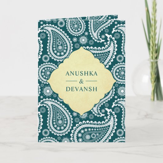  Blauwgroen Paisley Indische QR Code Bruiloft (Voorkant)