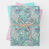 Blauwgroen paisley inpakpapier vel (In situ)