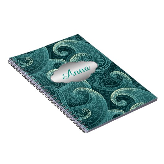 Blauwgroen Paisley tijdloos patroon gepersonalisee Notitieboek (Rechterzijde)