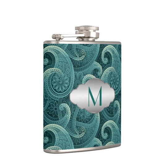 Blauwgroen Paisley Timeless Pattern Monogram Heupfles (Rechts)