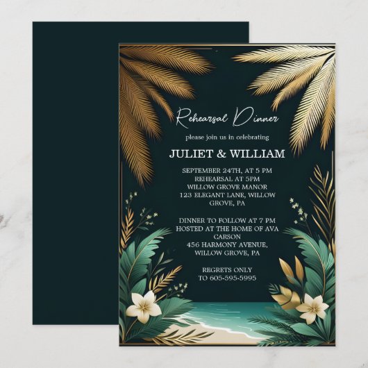 Blauwgroen Palm Beach Green en Gold repetitie dine Kaart (Voorkant / Achterkant)