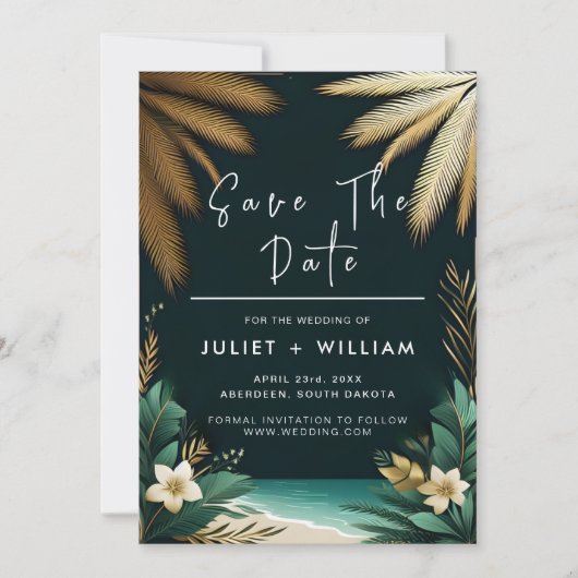 Blauwgroen Palm Beach Groene en gouden bruiloft Save The Date (Voorkant)