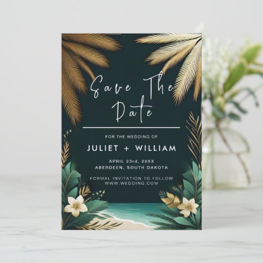 Blauwgroen Palm Beach Groene en gouden bruiloft Save The Date (Staand voorkant)