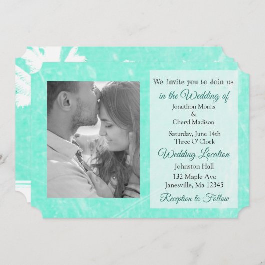 Blauwgroen Palm Trees Tropical Photo Wedding Invit Kaart (Voorkant / Achterkant)