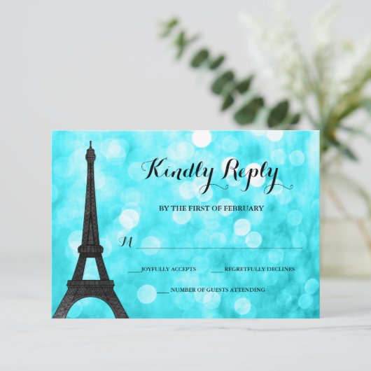 Blauwgroen Paris Bokeh Glitter Lights RSVP Kaartje (Staand voorkant)