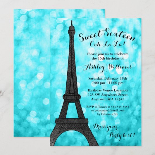 Blauwgroen Paris Bokeh Glitter Lights Sweet 16 Kaart (Voorkant / Achterkant)