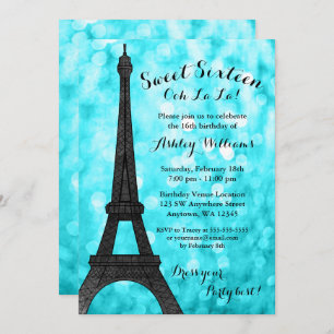 Blauwgroen Paris Bokeh Glitter Lights Sweet 16 Kaart