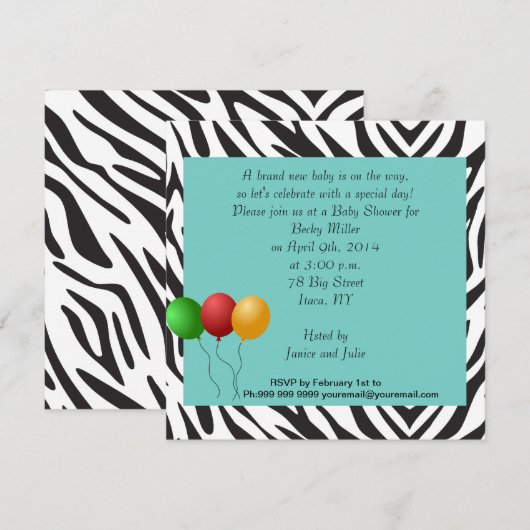 blauwgroen partij bij de Baby shower van de zebra Kaart (Voorkant / Achterkant)