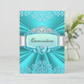 Blauwgroen partij Tiara Damask Quinceanera Kaart (Staand voorkant)