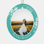 Blauwgroen Pas getrouwd Snowflake 1e Kerstmis Keramisch Ornament (Links)