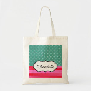 Blauwgroen patroon Klassieke pokadots Stripes pers Tote Bag