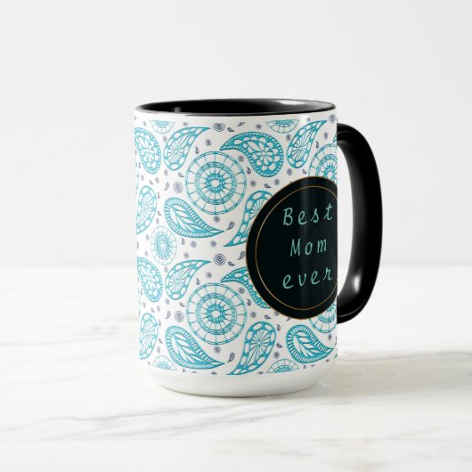 Blauwgroen patroon van Paisley. tekst. Mok (Voorkant rechts)