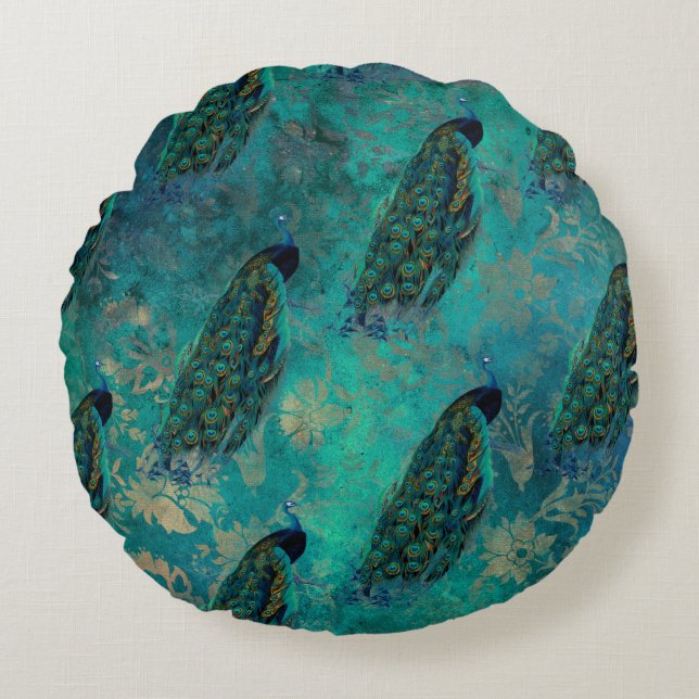  Blauwgroen pauw Rond Kussen (Voorkant)