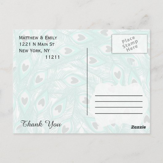 Blauwgroen Pauw Veren op Witte tot Grijze Gradient Briefkaart (Achterkant)