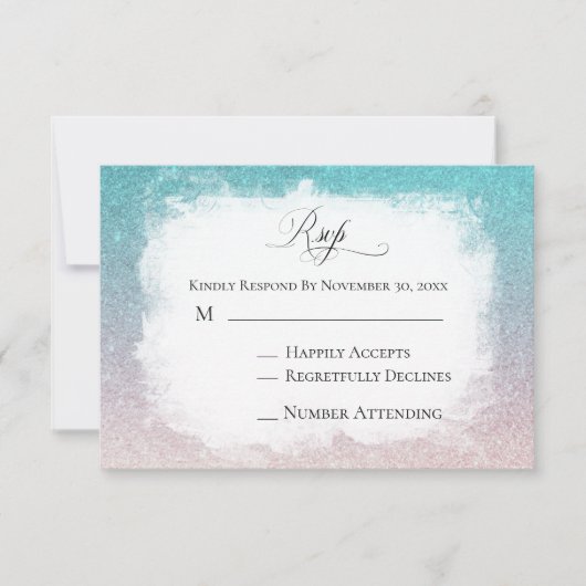 *~* Blauwgroen Peach Glitter Beach AR4 Weddenschap RSVP Kaartje (Voorkant)