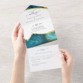 Blauwgroen Peacock Blue Gold Agaat bruiloft All In One Uitnodiging (Afscheurbaar)