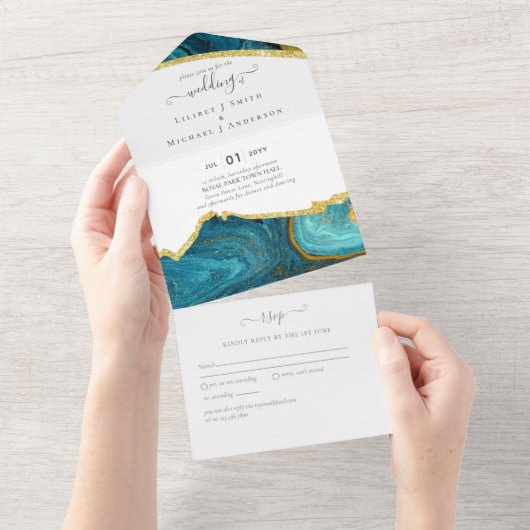 Blauwgroen Peacock Blue Gold Agaat bruiloft All In One Uitnodiging (Afscheurbaar)