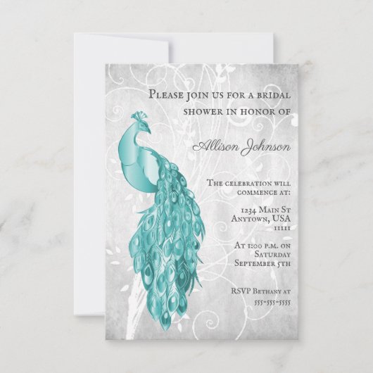 Blauwgroen Peacock Bridal Shower-uitnodiging Kaart (Voorkant)