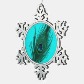 Blauwgroen Peacock-doether Tin Sneeuwvlok Ornament (Rechts)