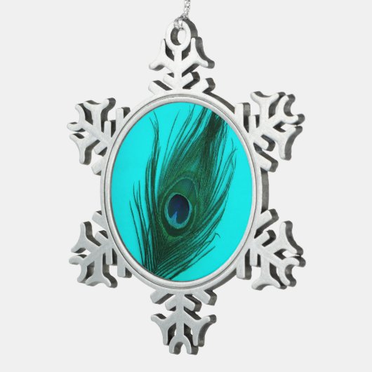 Blauwgroen Peacock-doether Tin Sneeuwvlok Ornament (Rechts)