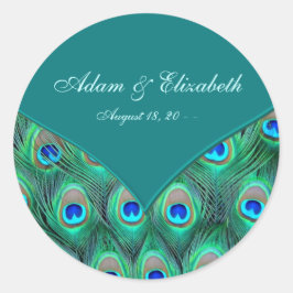 Blauwgroen Peacock Elegant Peacock Bruiloft Favor Ronde Sticker