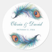 Blauwgroen Peacock Feather Bruiloft Ronde Sticker (Voorkant)