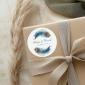 Blauwgroen Peacock Feather Bruiloft Ronde Sticker