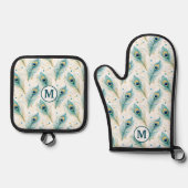 Blauwgroen Peacock Feather Pattern Monogram Ovenwant & Pannenlap Set (Voorkant)