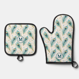 Blauwgroen Peacock Feather Pattern Monogram Ovenwant & Pannenlap Set