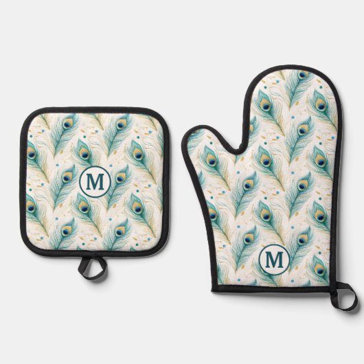 Blauwgroen Peacock Feather Pattern Monogram Ovenwant & Pannenlap Set (Voorkant)