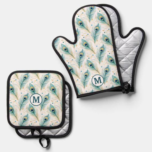 Blauwgroen Peacock Feather Pattern Monogram Ovenwant & Pannenlap Set (Voorkant / Achterkant)