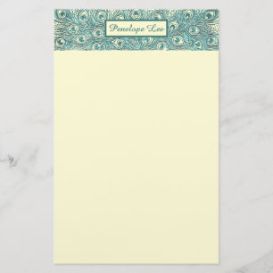 Blauwgroen Peacock Feathers Header en Jouw naam Briefpapier