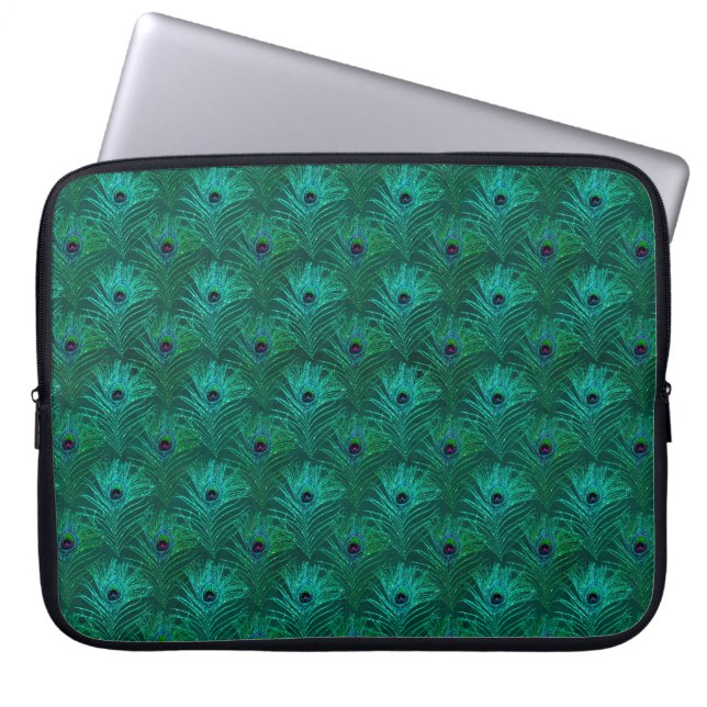 Blauwgroen Peacock Feathers Patroon Laptop Sleeve (Voorkant)
