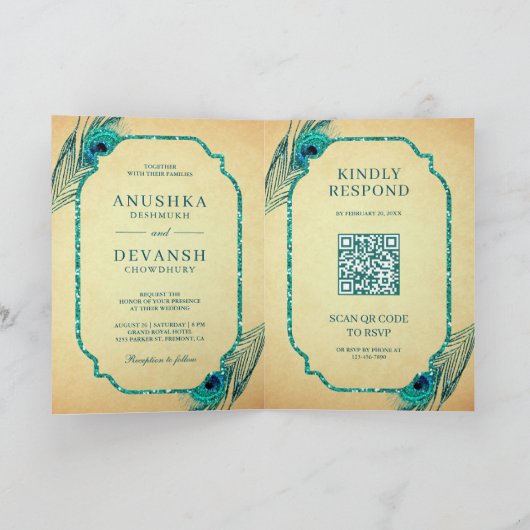 Blauwgroen Peacock Feathers QR Code Indian Wedding (Binnen)