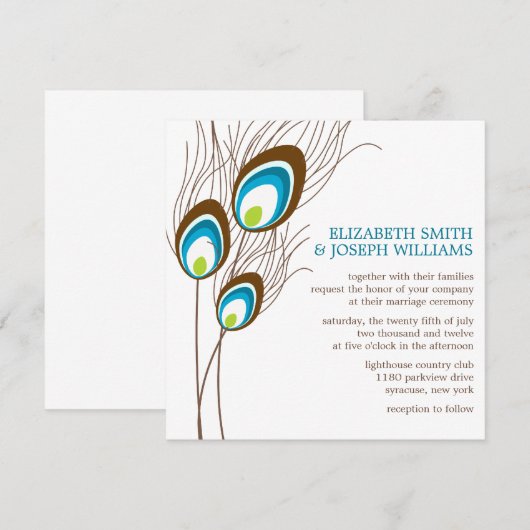 Blauwgroen Peacock Feathers Wedding Kaart (Voorkant / Achterkant)