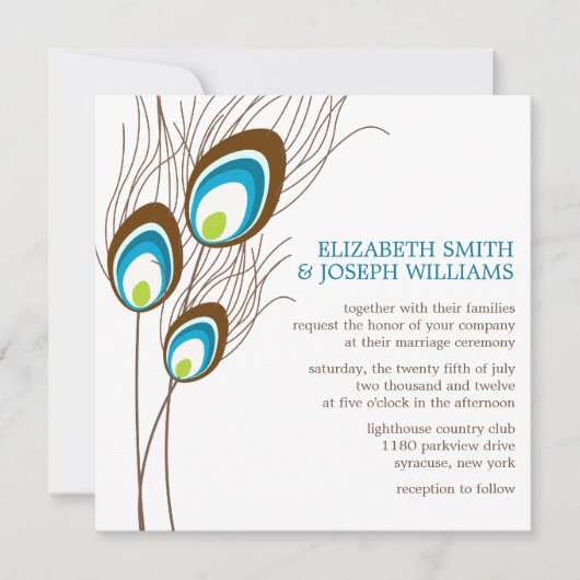 Blauwgroen Peacock Feathers Wedding Kaart (Voorkant)