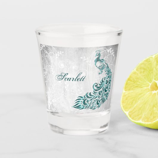Blauwgroen Peacock - Gepersonaliseerd Shot Glass Glas (Voorkant)