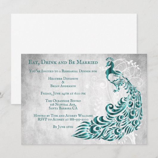 Blauwgroen Peacock Leaf Vine Rehearsal Dinner Invi Kaart (Voorkant / Achterkant)