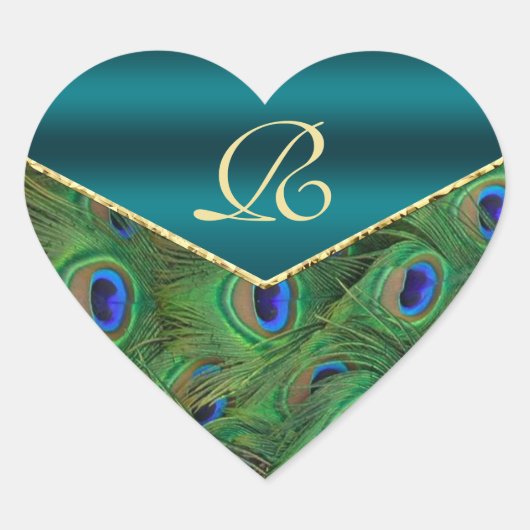 Blauwgroen Peacock Monogram Envelope Seal Hart Sticker (Voorkant)
