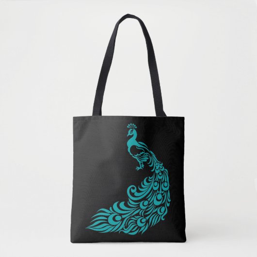 Blauwgroen Peacock Silhouette Black Canvas tas (Voorkant)