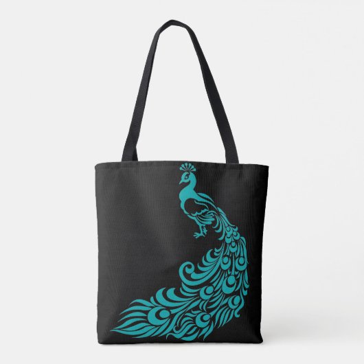 Blauwgroen Peacock Silhouette Black Canvas tas (Achterkant)