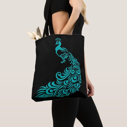 Blauwgroen Peacock Silhouette Black Canvas tas (Dichtbij)