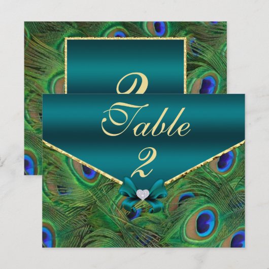 Blauwgroen Peacock Table Number Kaart (Voorkant / Achterkant)