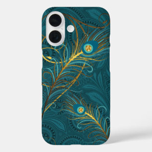 Blauwgroen Peacock-veren met Paisley iPhone 16 Hoesje